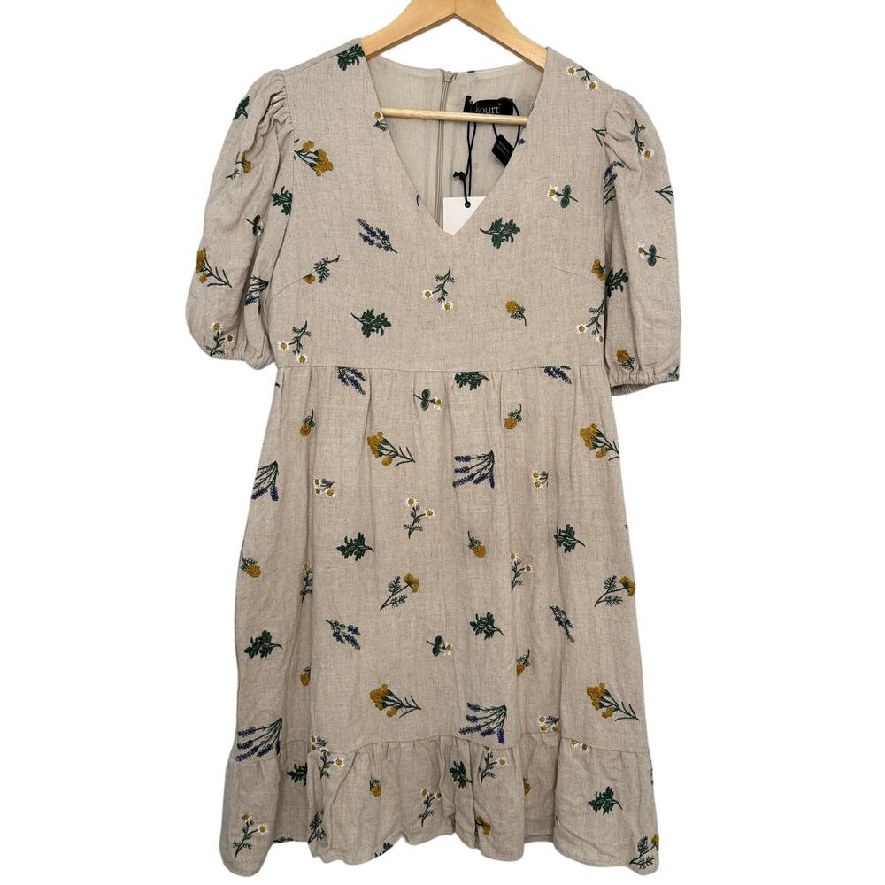 Kourt Casual Flax Linen Blend Breezy Sunflower Bubble Wheat Dress Medium